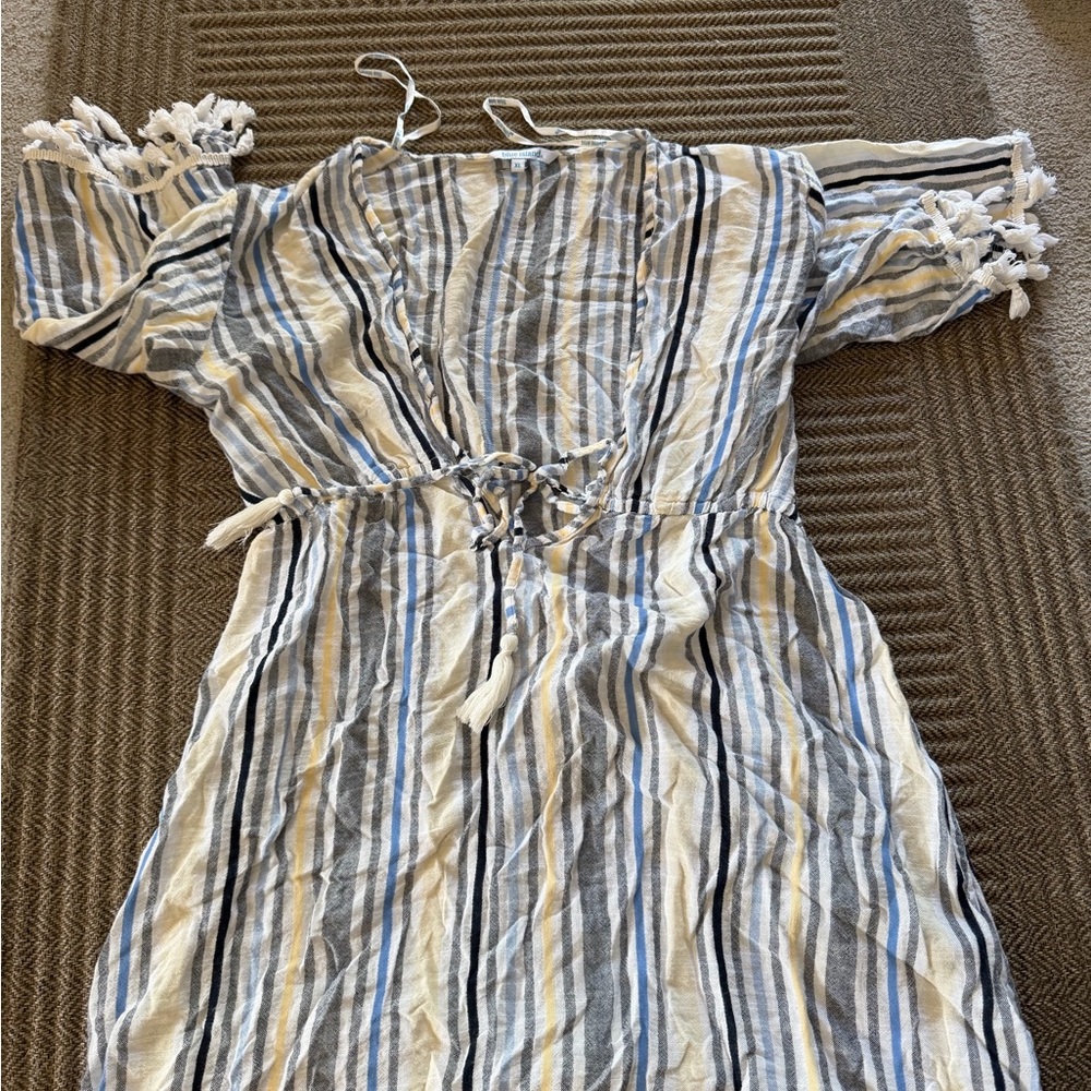 blue island White, Blue & Beige Striped Womens' Casual Dress with Tassel Ties